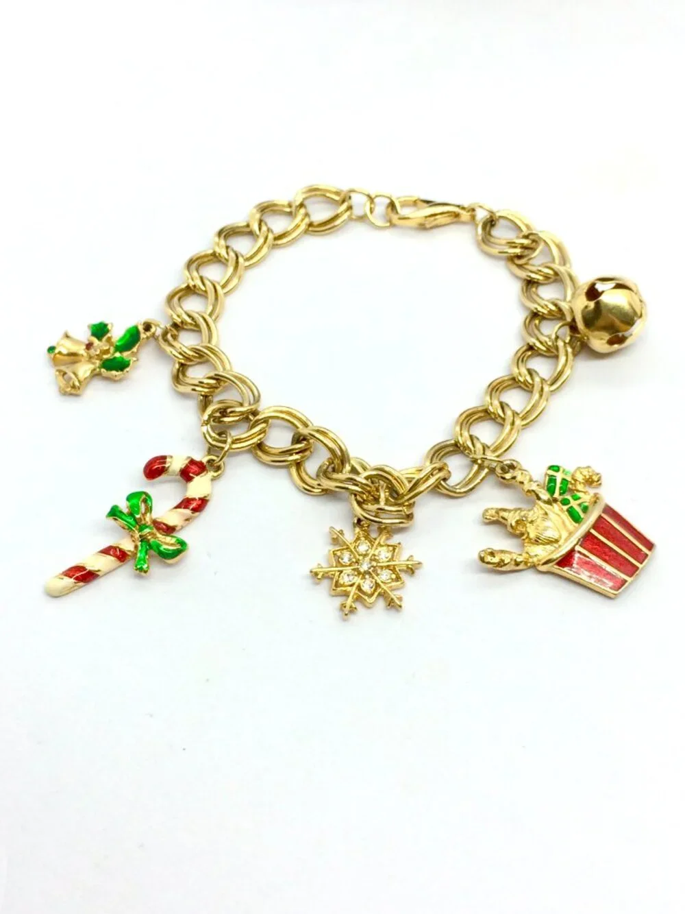 VINTAGE CHRISTMAS BRACELET Gold Tone Enamel Santa Candy Cane Bell Charms 90s